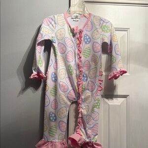 Girls' Pastel Easter Egg Print Footless Romper with Pink Ruffle Trim